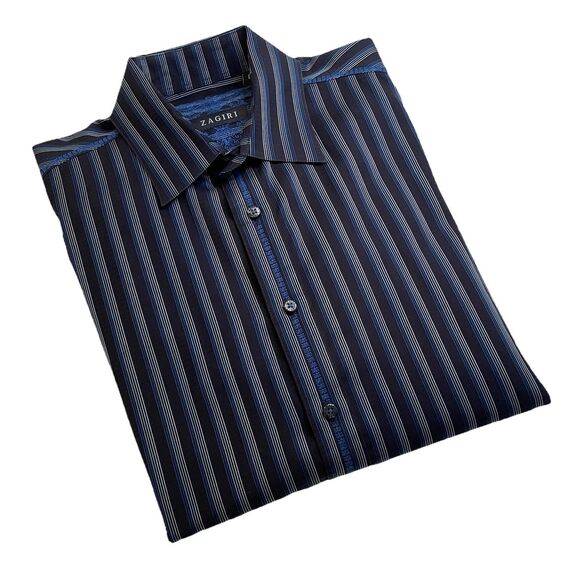 Zagiri Mens Blue Striped Flip Cuff Long Sleeve Button Up Cotton L - Picture 1 of 15